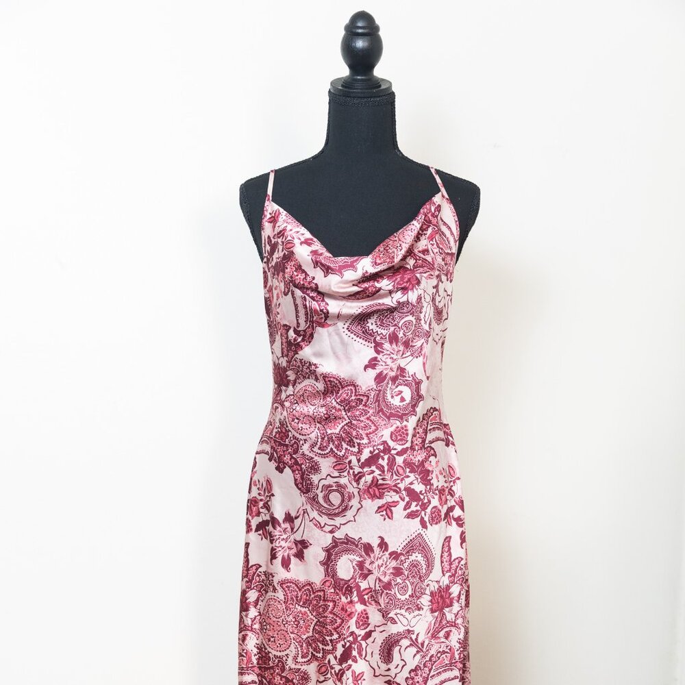 Pink and Red Satin Cowl Maxi Dress